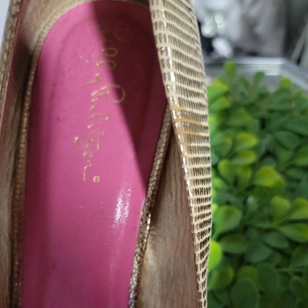 Lilly Pulitzer Gold Wedge Peep Toe Women's Shoes Sz 7.5 MSRP $ 148